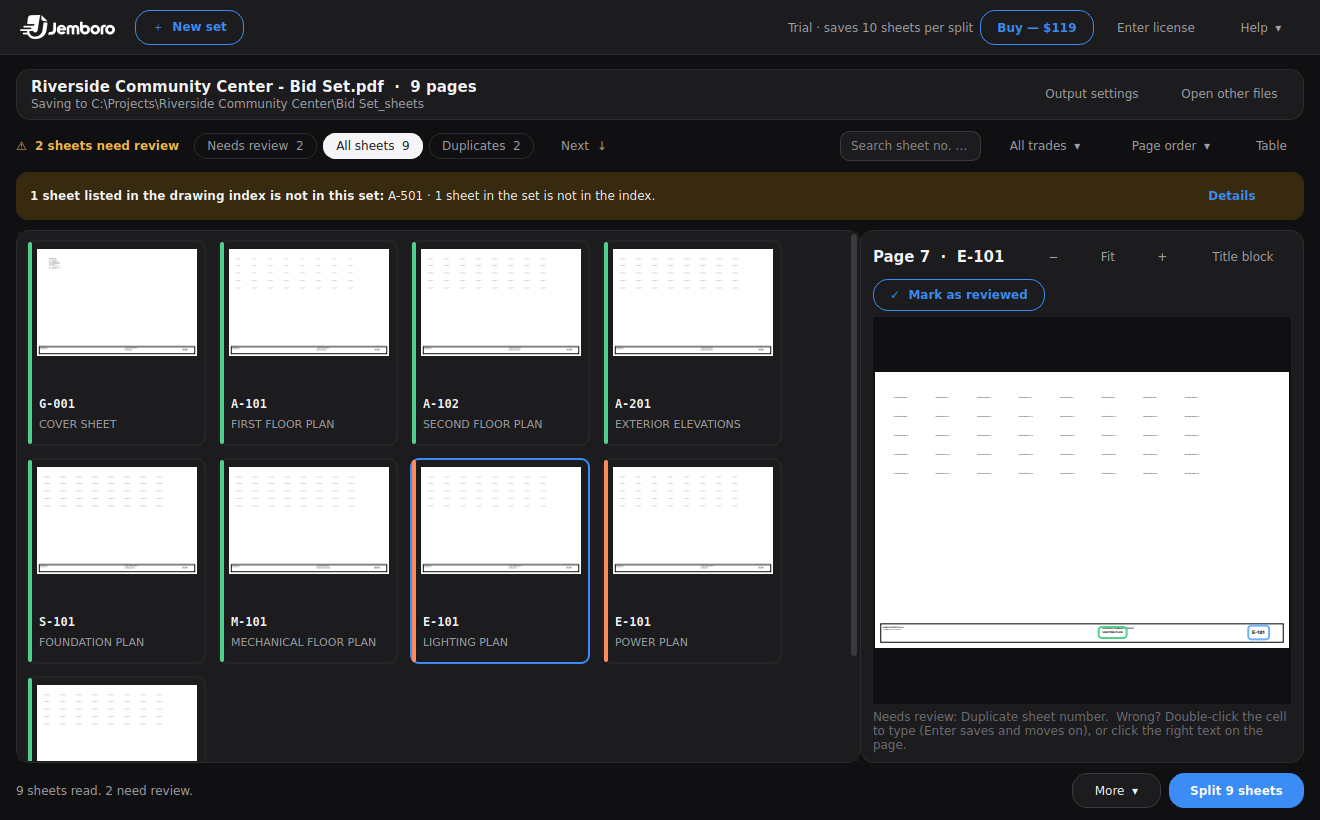 Jemboro thumbnail grid of drawing sheets in dark mode
